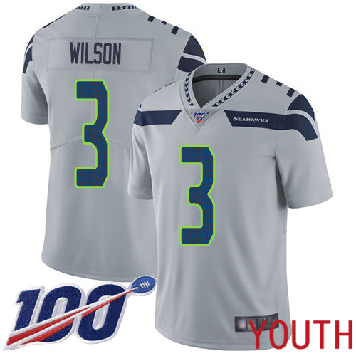 Seattle Seahawks Limited Grey Youth Russell Wilson Alternate Jersey NFL Football #3 100th Season Vapor Untouchable->youth nfl jersey->Youth Jersey